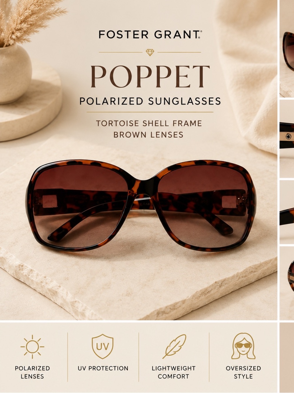 Foster Grant Poppet Polarized Tortoise Oversized Sunglasses Brown Women’s